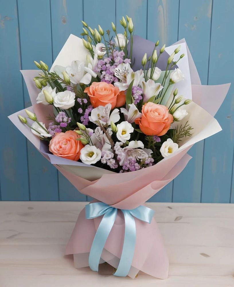 Букет цветов из: Лизиантусы, Розы, Альстромерии и Гипсофила в Садовом Воронежской области